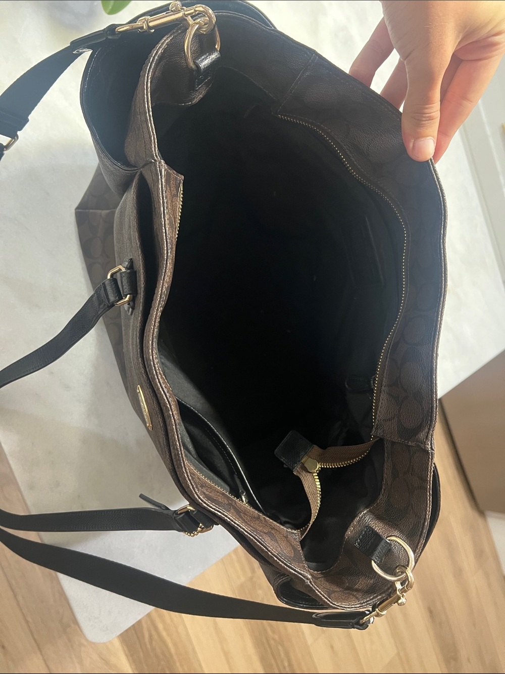 Coach Brown Signature Tote with Black Straps and Gold Hardware - Picture 3 of 7